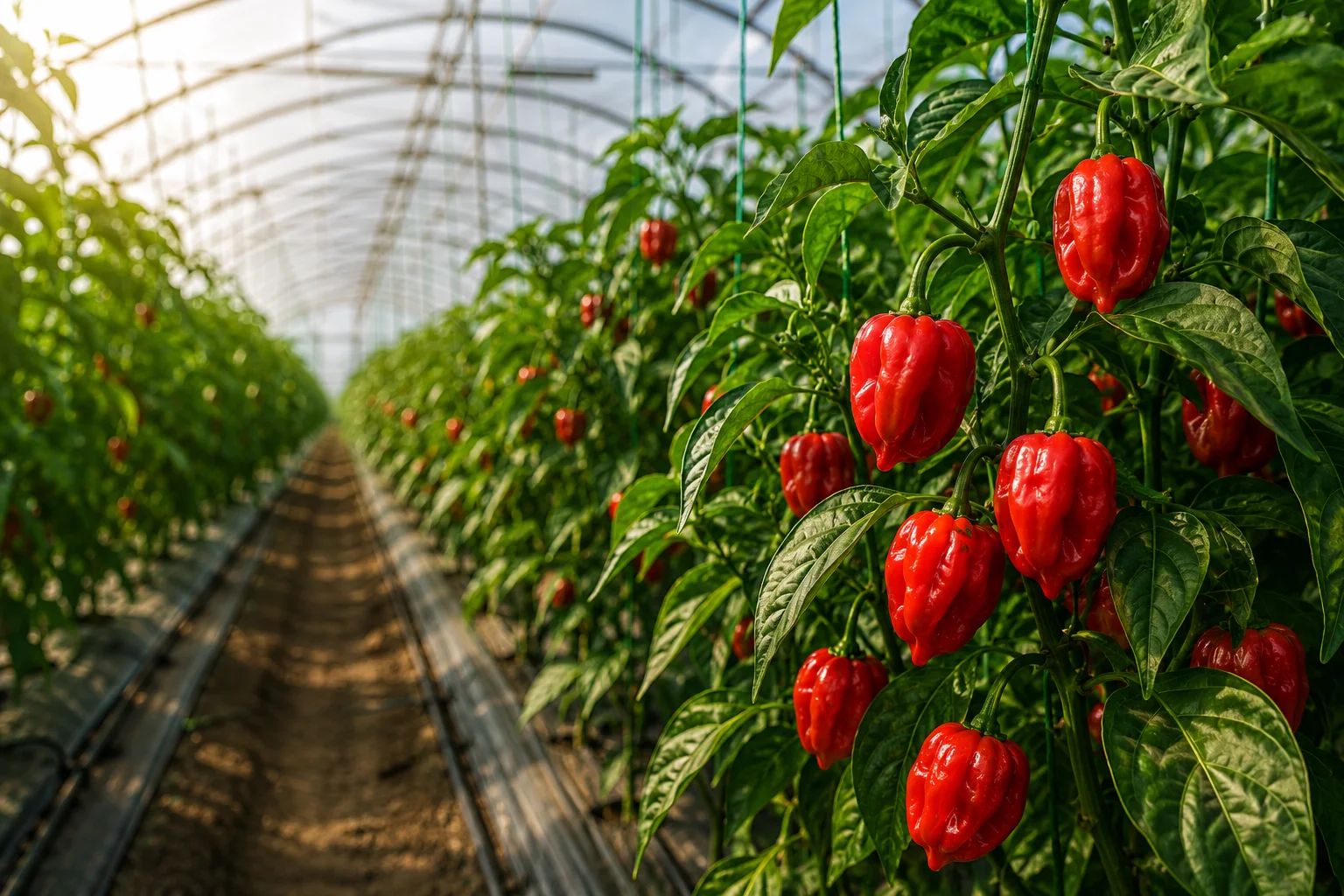 A sunlit greenhouse aisle lined with rows of ripe red habanero peppers